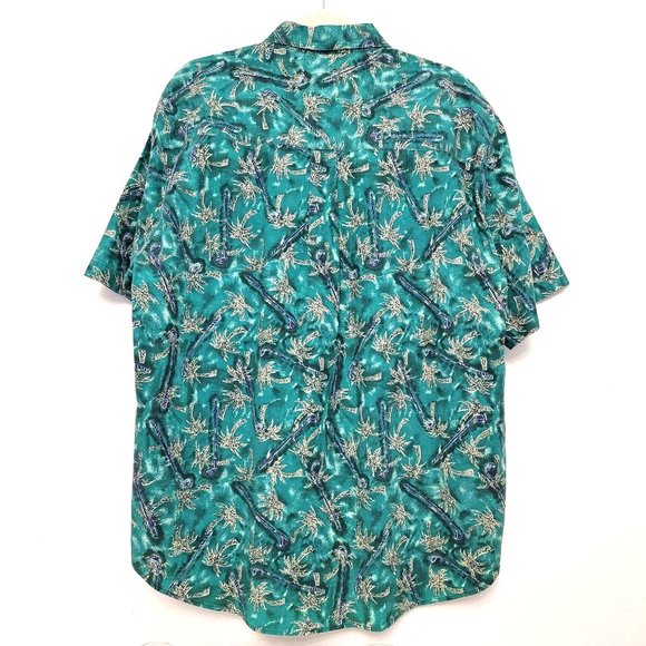 Bugle Boy Company 90s Turquoise Cream Hawaiian Print S/S Button Down Shirt SZ XL - Picture 5 of 6
